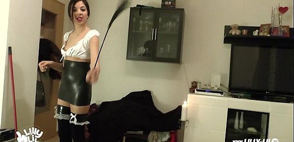  LATEX TEEN GIRL DOMINATES COCK WITH WHIP AND GLOVES HANDJOB